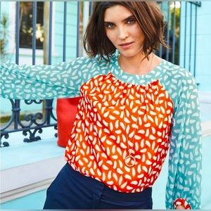 Boden Long Sleeve Sylvie Orange & Aqua Brush Stroke Top